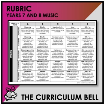 Preview of RUBRIC | AUSTRALIAN CURRICULUM | YEARS 7 AND 8 MUSIC