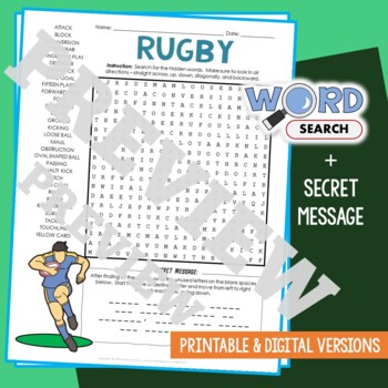 Preview of RUGBY Word Search Puzzle Activity Vocabulary Worksheet Secret Message
