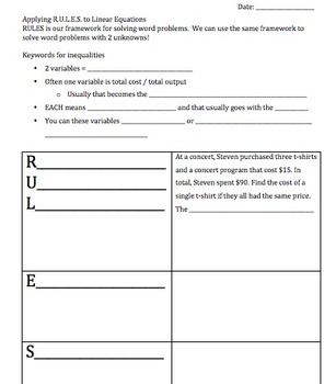 Preview of R.U.L.E.S for Solving Linear Equation Word Problems Guided Notes & Practice