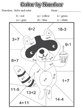 Preview of Raccoon Color By Number, Addition & Subtraction Within 20 Worksheets
