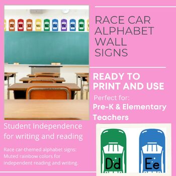Preview of Race Car Alphabet Signs - pre-k thru elementary classroom decor