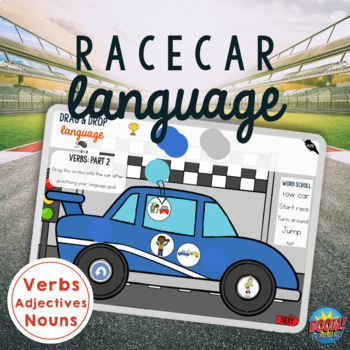 Preview of Race Car Boom Cards™ & Printable Dot Art Language Worksheets Verbs Nouns & more