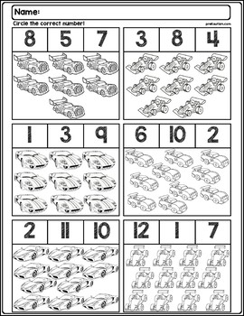 race car quantity worksheets numbers 1 12 by prekautism tpt