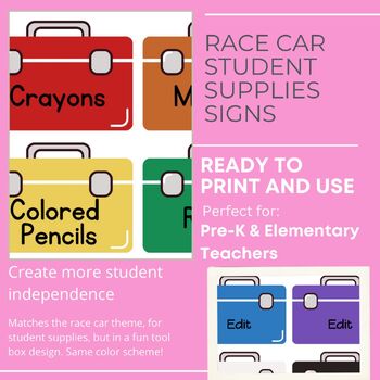 Preview of Race Car Toolbox Supply Signs for student independence - editable and prefilled