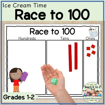 Preview of Race to 100 Place Value Game Grades 1-2 Ice Cream Themed Math Centers
