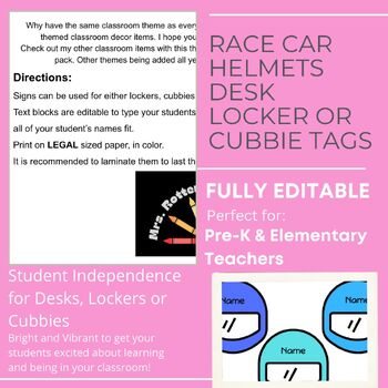 Preview of Racing Helmets Student Name Tags- Lockers Desks or Cubbies Pre-K thru Elementary