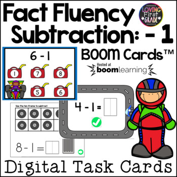 Preview of Subtraction Fact Fluency: Minus 1 | Boom Cards | Digital Task Cards |