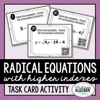 Preview of Radical Equation (higher indexes) | Task Cards