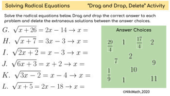 Radical Equations With Extraneous Solutions Drag Drop Delete Activity