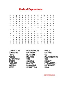 Preview of Radical Expressions Word Search
