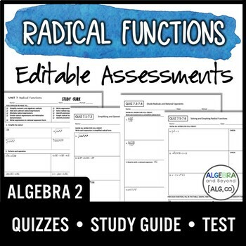 Preview of Radical Functions Assessments | Quizzes | Study Guide | Test