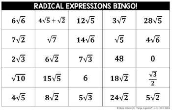 Radical Operations | Bingo Game by All Things Algebra | TPT