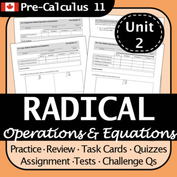 Preview of Radical Operations & Equations Unit Assessments Standards-Based Pre-Calculus 11