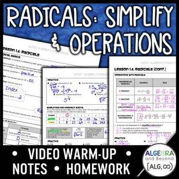 Preview of Radicals: Simplifying and Operations Lesson | Warm-Up | Guided Notes | Homework