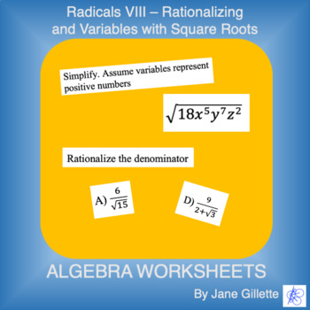 Preview of Radicals VIII - Rationalizing and Variables with Square Roots