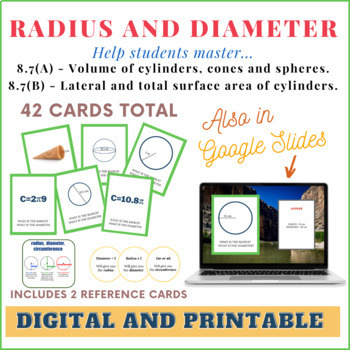 Preview of Radius vs. Diameter Flash Cards - DIGITAL AND PRINTABLE