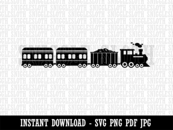 Railroad Train Locomotive with Passenger Cars B&W Clipart Digital Download