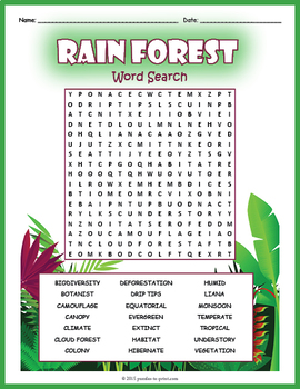 Tropical Rain Forest Activity - Rainforest Word Search by Puzzles to Print