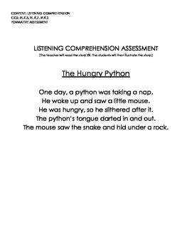 Preview of The Hungry Python (Listening Comprehension Assessment w/Rubric)