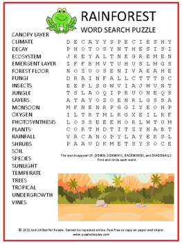 Rain Forest Word Search Puzzle Science Game Activity Worksheet