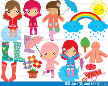 Preview of Rain Girl Clip Art SCHOOL coloring rainy day weather kawaii face ainbow-088-