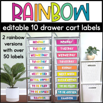 Preview of Rainbow 10 Drawer Rolling Cart Labels | Editable Rainbow Labels