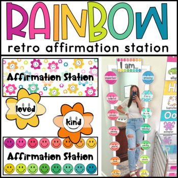 Preview of Rainbow Affirmation Station | Retro Rainbow Classroom Decor | Editable Text