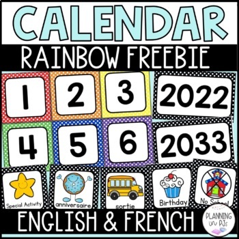 Preview of Rainbow Bold Calendar Numbers & Pieces FREE | English and French