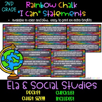 Preview of Rainbow Chalk "I Can" Statements & Checklist - ELA & Social Studies - 2nd Grade