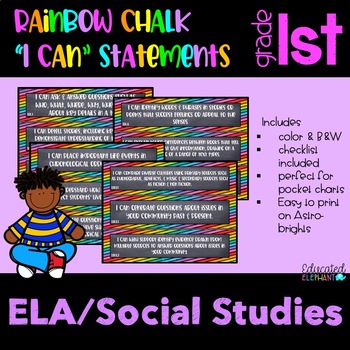 Preview of Rainbow Chalk " I Can" Statements - ELA & Social Studies - 1st Grade