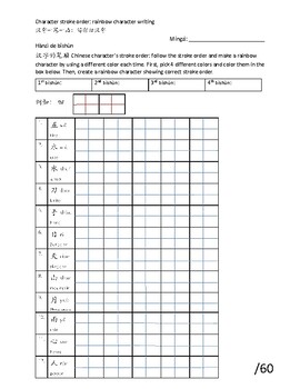 Preview of Rainbow Chinese character worksheet:  one stroke, one color.