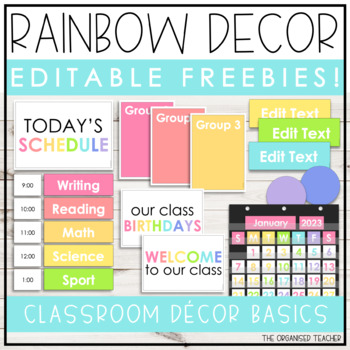 Preview of Editable Rainbow Classroom Decor Essentials - FREE Starter Pack