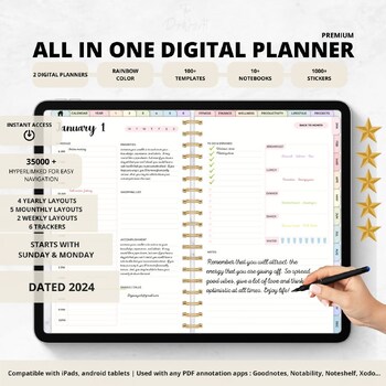 Preview of Rainbow Color Dated 2024 Digital Planner | All-in-One Daily Weekly Monthly
