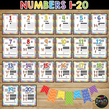 Rainbow Colors Number Posters 1-20 Decor with Digits Word Form Number ...