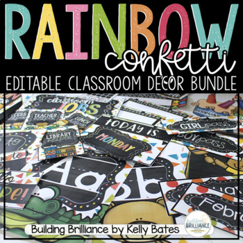 Preview of Rainbow Confetti & Chalkboard Complete Classroom Decor Set (EDITABLE)