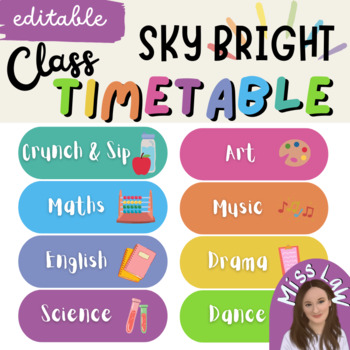 Preview of Rainbow Daily Class Timetable | Editable Classroom Decor | SKY BRIGHT THEME