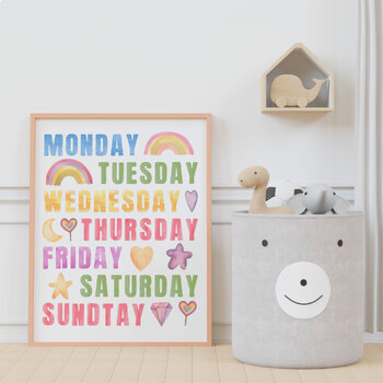 Preview of Rainbow Days of the Week, Playroom Educational Poster, Rainbow Nursery Print.