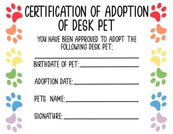 Desk Pet Adoption Certification Printable Desk Pets Classroom Desk Pet  Positive Reinforcement Teacher Desk Pet Printable Instant 