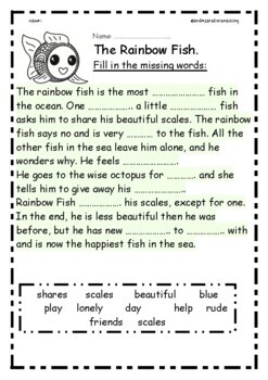 Rainbow Fish Reading Comprehension: Missing words, Order, True or False