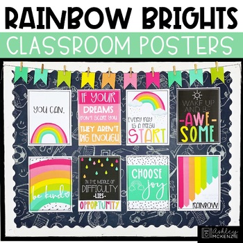 Preview of Rainbow Growth Mindset Classroom Posters - 5 Minute Bulletin Board!