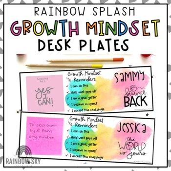 Preview of Rainbow Growth Mindset Desk Name Tags | Watercolour Splash