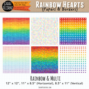 Rainbow Hearts Digital Papers and Borders by Sarah Pecorino Illustration