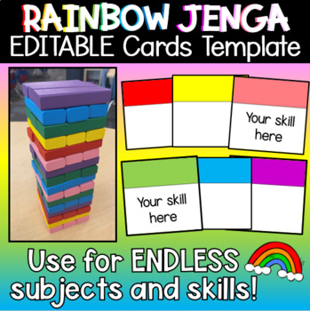 Preview of Rainbow Jenga Tumbling Tower EDITABLE Cards Template