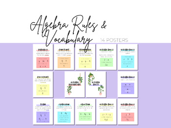 Preview of Rainbow Pastel Algebra Math Posters Set of 14 | Algebra Vocabulary and Rules