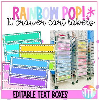 Preview of Rainbow Pop Editable 10 Drawer Rolling Cart Labels