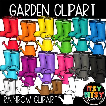 Preview of Rainbow Spring Garden Themed Clipart Matching Watering Cans and Rain Boots