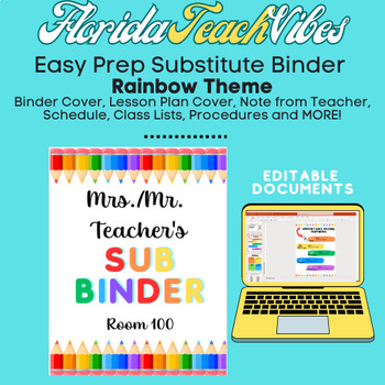 Preview of Rainbow Theme Editable Substitute Binder EASY Prep!