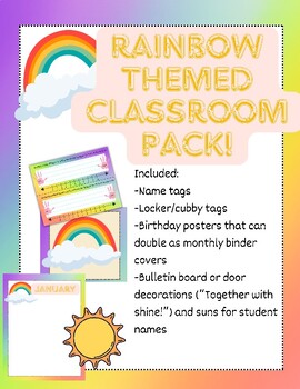 Preview of Rainbow Themed Classroom Decor Pack (B-days, Bulletin Board, Nametags, and Tags)