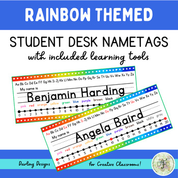 Preview of Rainbow Themed Student Desk Name Tags with Learning Tools