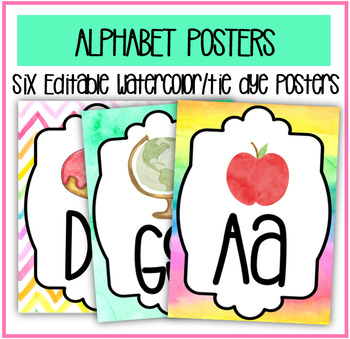 Preview of Rainbow & Tie Dye Watercolor Themed Alphabet Posters (Editable, 6 styles)